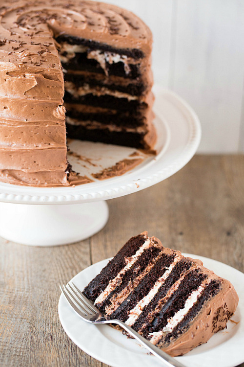 sweetoothgirl:  Six-Layer Chocolate Cake with Toasted Marshmallow Filling & Malted Chocolate Frosting  