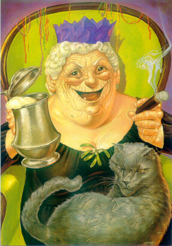 retailavenger85:  Happy Hogswatch from Nanny Ogg and Greebo!   print by Paul Kidby  I just noticed the mistletoe in her cleavage. Best.  