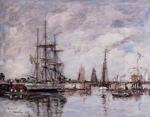 eugene-boudin: Deauville, Norwegian Three-Master Leaving Port, 1897, Eugene BoudinMedium: oil