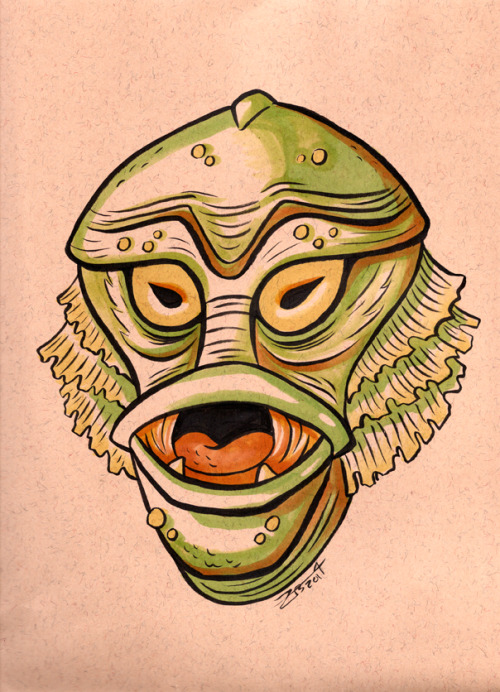 snaggle-teeth:  My pieces for the upcoming Creature from the Black Lagoon 60th Anniversary show! I drew these Gill-man portraits as he appears in each of his three films: The Creature from the Black Lagoon, Revenge of the Creature and the Creature Walks