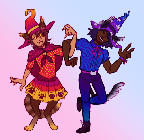 inspired to make a pair of gnc witch catboy ocs, (left to right) Furian Clawford and Nyanthaniel Paw