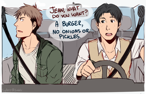 syderp:  marcoblunt:  i think jean and marco are the type of people to go in the drive-thru and marco asks jean what he wants and jean’s like “a burger, no onions or pickles” and marco leans in to tell the speaker the order but jean leans over marco