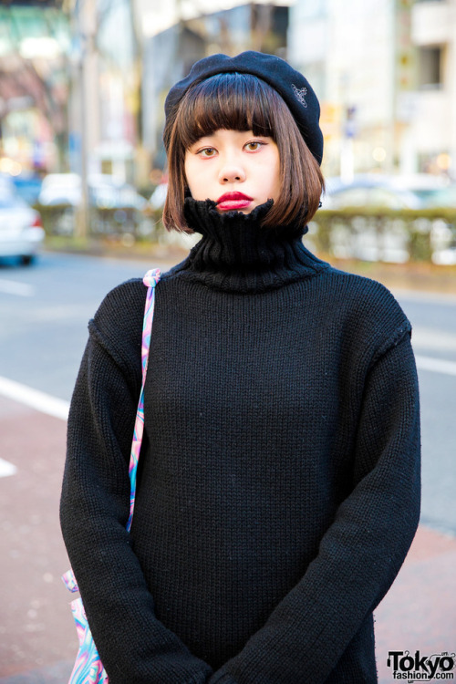 tokyo-fashion:18-year-old Japanese student Sarah on the street in Harajuku wearing a Perverze turtle