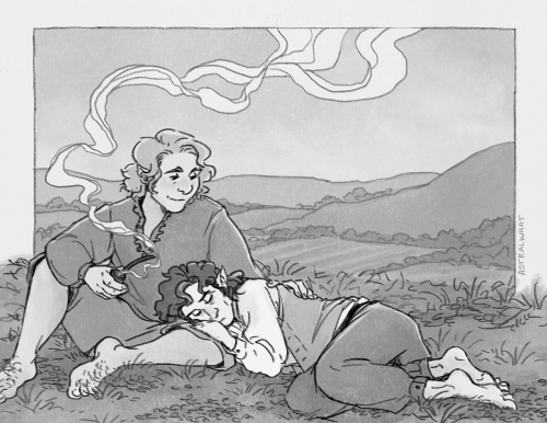 [Image description: A black and white digital illustration of Sam and Frodo from The Lord of the Rin