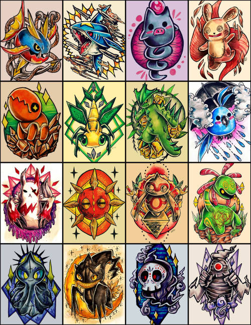 retkikosmos:  Pokemon Tattoo Design Seriesfull series as of June 2015my biggest series of i’ve done/ will ever doI took a few months hiatus from this project but I’m back at it and i’m still determined to draw them all! 