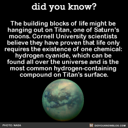 did-you-kno:  The building blocks of life might be  hanging out on Titan, one of Saturn’s  moons. Cornell University scientists  believe they have proven that life only  requires the existence of one chemical:  hydrogen cyanide, which can be  found