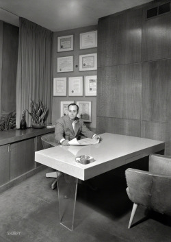 midcenturymodernfreak:  Morris Lapidus | Miami Modern (Top) 1946 Morris Lapidus in his Office | 256 E. 49th Street, New York | Photo: Gottscho-Schleisner (Middle) Here is an example of Lapidus’ designs in retail spaces. This is the Alix of Miami from