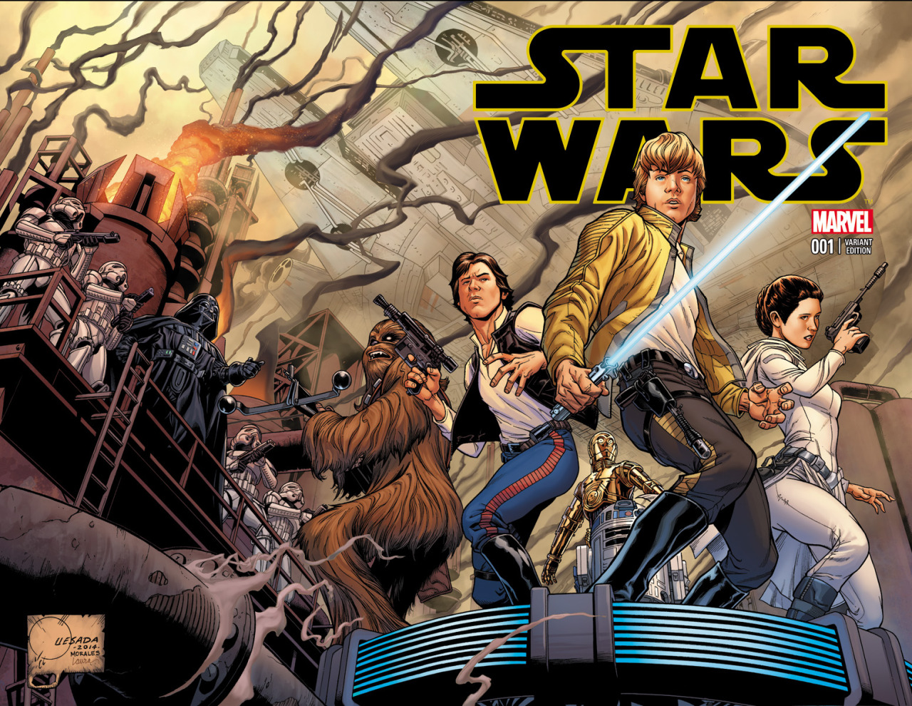 “ Lucasfilm and Marvel Entertainment are extremely proud to officially unveil Marvel CCO Joe Quesada’s jaw-dropping wraparound variant cover to Star Wars #1, debuting in January 2015!
”