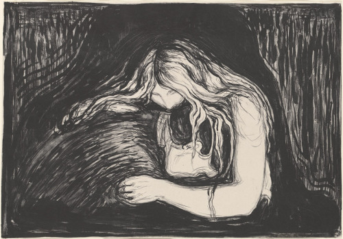 nobrashfestivity:Edvard Munch  Vampire II iterations,  lithograph and woodcut in colors, 1895-1902