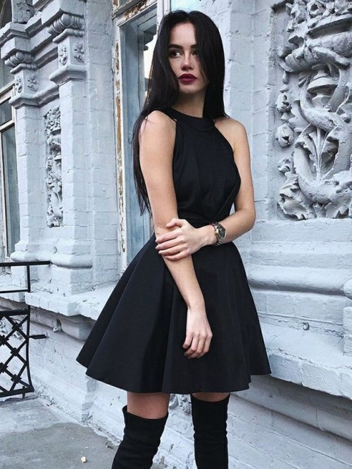 shinyparty: Black A Line Round Neck Pleated Satin Homecoming Dresses Short Prom Dresses, Black Forma