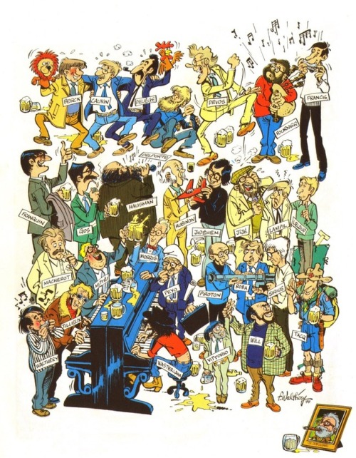 A crowd of Franco-Belgian comic artists. From the Francois Walthéry comic, Natacha et les Petits Miq