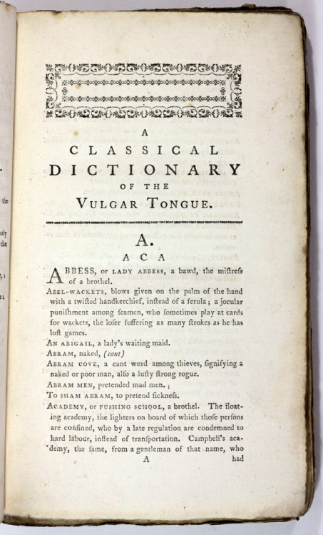 A Classical Dictionary of the Vulgar TongueAnon [Francis Grose]London Printed for S Hooper 1785 Firs