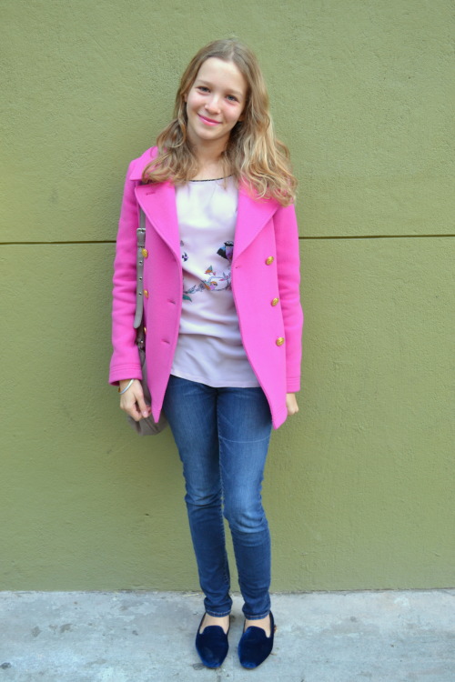 Student Street Style, photographed by me Coat: J.Crew  Top: Juju S'amuse Jeans: J. Brand Shoes: