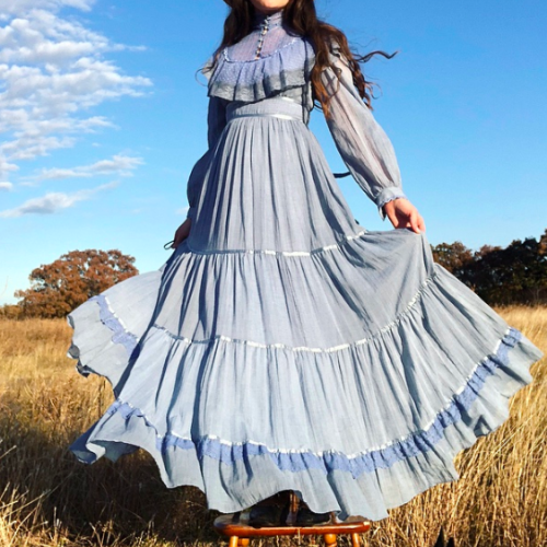 twinpeak:vintage 1970s prairie / victorian style baby blue dress