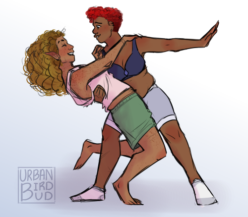 urbanbirdbud:[image description: a digital drawing of aubrey dipping dani while dancing. aubrey is