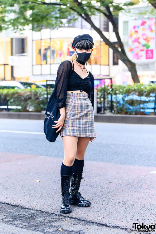 20-year-old Japanese student and dancer Shion on the street in Harajuku wearing a sheer vintage crop