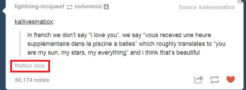 doctorwhothefuckareyou:  kailivesinabox:  in french we don’t say “i love you”, we say “vous recevez une heure supplémentaire dans la piscine à balles” which roughly translates to “you are my sun, my stars, my everything” and i think that’s