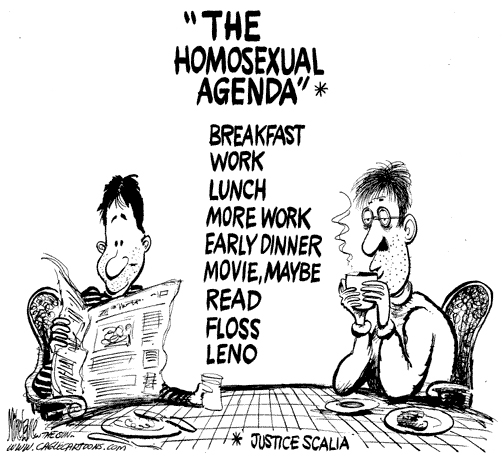 cartoonpolitics:  “The Homosexual Agenda is a self-centered set of beliefs and objectives designed to promote and even mandate approval of homosexuality and homosexual  ideology, along with the strategies used to implement such. The goals  and means