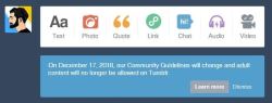 I login to my Tumblr and this is the first thing I see. Soon Tumblr will ban all adult content. I’m in full panic mode right now, cause I have quite a few adult content (even it’s just funny comics) on my Tumblr. I’ll be deleting them soon. I’ve