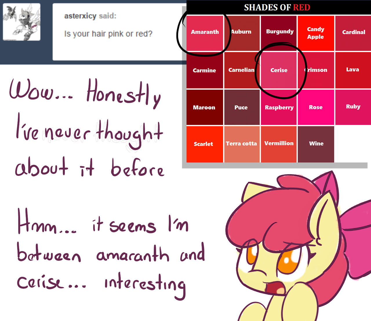 asklittleapplebloom: asklittleapplebloom:  AppleBloom answers RANDOM QUESTIONS (Part