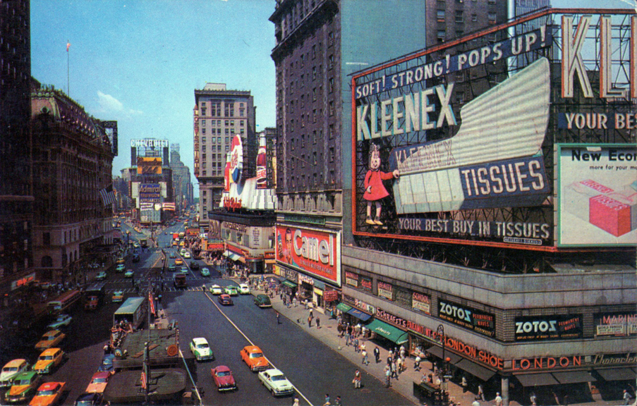 Times Square, New York City #times square#nyc#new york #new york city #vintage#postcard#vintage postcard#kleenex#neon#sign#advertising