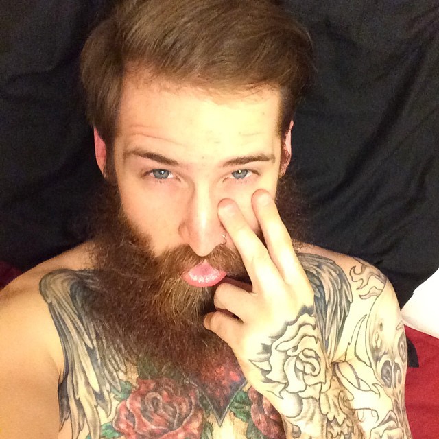 rendertheryan:  Saturday night and I’m already locked in #beard #tattoos #crazy