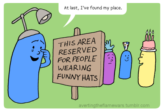 Image: Sign says: This area reserved for people wearing funny hats. Blue person: At last, I’ve found my place.
