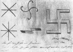 baileys-from-a-shoe:  sass-htag:  sixpenceee:  Hitler’s doodles form the 1920’s when sketching Nazi symbol ideas.   I can’t believe one of the world’s feared political/hate groups had an asterisk for their symbol.  Imagine an alternate universe