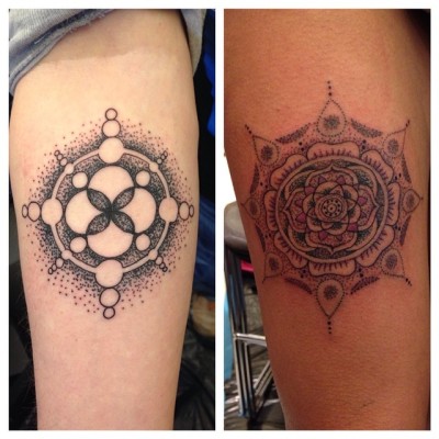 Couple little fun #mandalas I got to do at the #saratogatattooexpo #stipple #cropcircles #nicestuff #tattoos thanks @onelovesparkx and Michael!