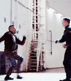 cvlwr:  “Chris [Evans] worked his butt off for four months—doing gymnastics, fight training, stunt training—so that he could stand in in a scene like this and then go toe to toe with Georges St-Pierre and then make it look really credible. And