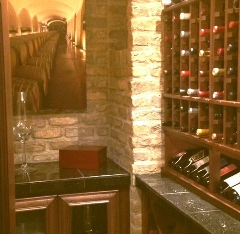 Wine Cellar - Compact Small Wine Cellar Design With Beige Floor And Mediterranean Ceramic Tile Racks