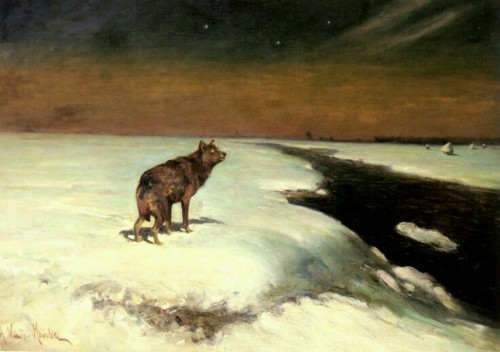 madness-and-gods:madness-and-gods:Some wonderful wolves paintings by Alfred Wierusz-Kowalski (Polish