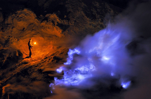 end0skeletal:  The blue flames of Indonesia’s Ijen volcano are caused by super-heated sulfuric gases forcing their way to the surface. Upon hitting open air, the gases ignite, sometimes shooting flames as high as 16 feet.   Some of the gases condense