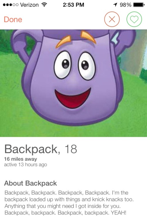 catchattroupe:  catchattroupe:  SO I WAS ON TINDER AND I FOUND BACKPACK AND I CNAT STOP LAUGHING  Update  