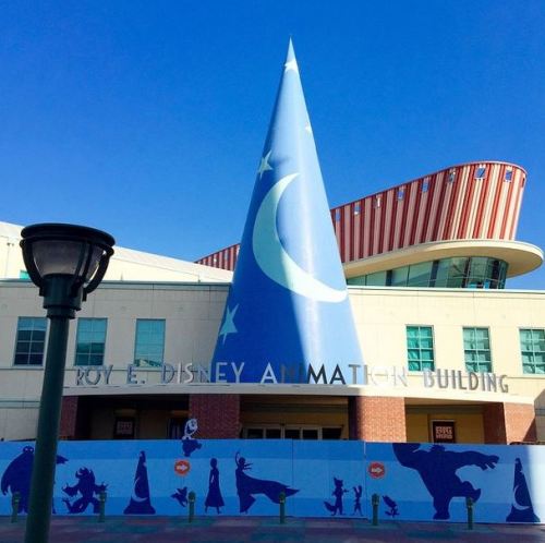 A look at the wall in front of the Walt Disney Animation Studios featuring 3 characters from Zootopi