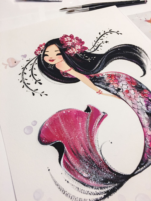 Koi mermaid! 11x14 inches-gouache paint & crystal glitter on Arches watercolor block Prints avai
