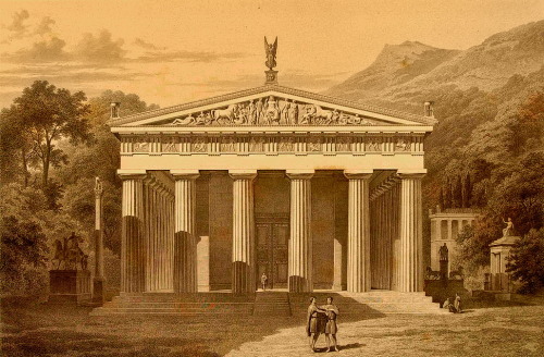 hellas-inhabitants:Greek Temple of Zeus at Olympia. Lithograph from 1870 that shows the architectura