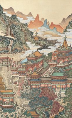 changan-moon:  Traditional Chinese painting by 黄秋园Huang Qiuyuan. This type is called Jiehua | 界画 that particularly focuses on architecture such as hall, pavilion, terrace and so on. Jiehua requires the artist to use ruler to measure the horizontal