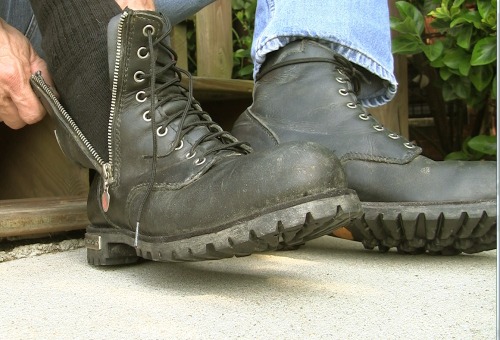 n2ftgear:  My Trusty pair of side zip Red Wing motorcycle boots and damp black socks.