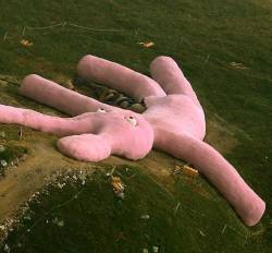 sixpenceee:The 200-foot-long toy rabbit lies on the side of the 5,000 foot high Colletto Fava mountain in northern Italy’s Piedmont region. The pink rabbit was knitted by Gelitin, the Viennese art collective, as an outdoor sculpture for people to climb