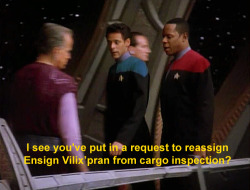 tealrallythong: theletteraesc:  professorofeljay:  unforgott3n:  mrsbenevolent:  kaitg:  Reason #1,324,789 of why I love this show. This was a casual side conversation between Bashir and Sisko about a fellow crew member, completely unrelated to the