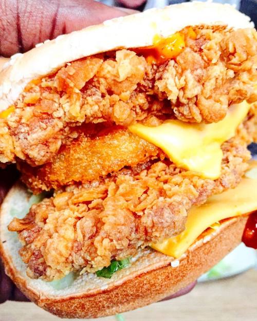 Sometimes only a cheeky KFC will do. Zinger stacker burger, towered up. And it’s not even chea