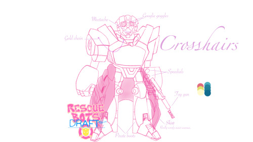 88bulletsart:  Drawing Crosshairs in rescue bot style. Be afraid. Still a work in progress. Not sure if I want to add more to his chest and break down his legs a bit more. Gave him a toy gun since it’s rescue bots. Defeats his enimeys by making them