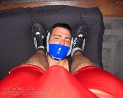 nicetightgag:  Gagged and held in place…looking up as he should be. 