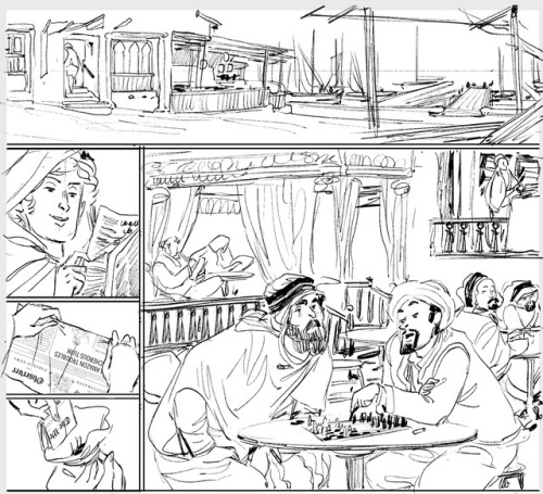 From DELILAH DIRK AND THE THIRD PILLAR OF HERCULES: passing the time in the port.In order: final art