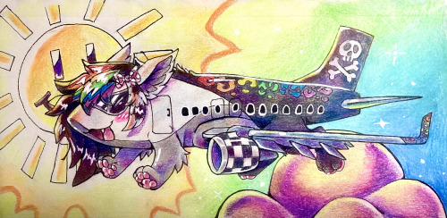 Traditional illustration of a scene-themed airplane dragon flying against a sun with a happy face, purple clouds, and a gradient background that goes from yellow, to green, to blue. The plane itself is black and white with rainbow leopard markings and hair.