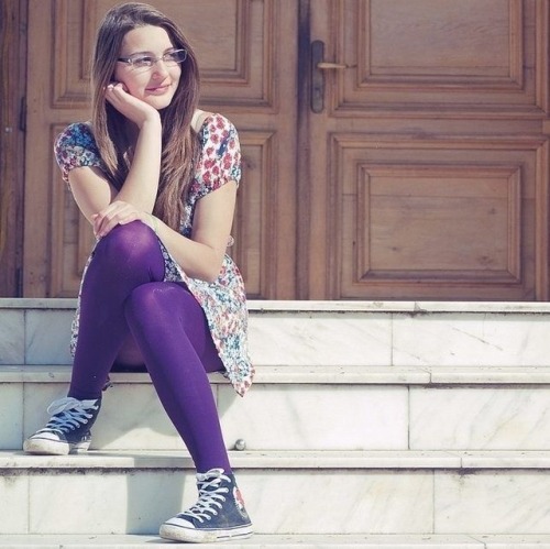 Purple tights , floral dress and converse