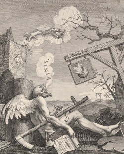   The angel of death kicks back after accomplishing the end of the world. William Hogarth. Tailpiece, or The Bathos. 1764. Engraving, detail.   