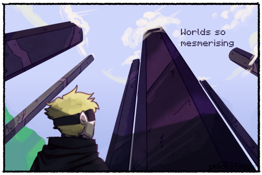 A new scenery, with tall large obsidian pillars tower above Grian, who is looking up. It is so tall that cloads are covering the top. The sky is light blue. Text reads 'Worlds so mesmerizing'