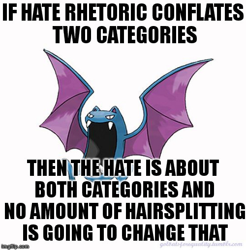 If hate rhetoric conflates two categories, then the hate is about both categories and no amount of h
